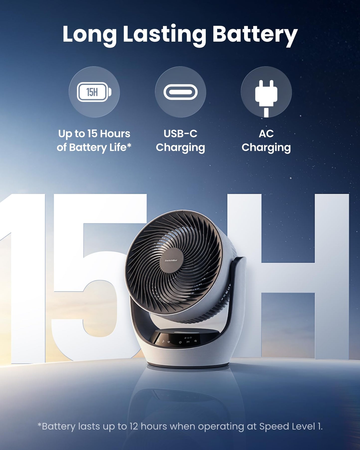 SwitchBot Smart Desk Fan for Bedroom, 3600mAh Rechargeable, Corded & Cordless Air Circulator, 90° Oscillation, 22dB Quiet, 9 Speeds, App & Remote
