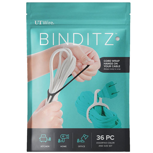 UT Wire Attachable Binditz Silicon Cable Wrap for Home Kitchen Small Appliances Computer Hair Dryer Cords in White/Black Set of 36 Assorted Sizes