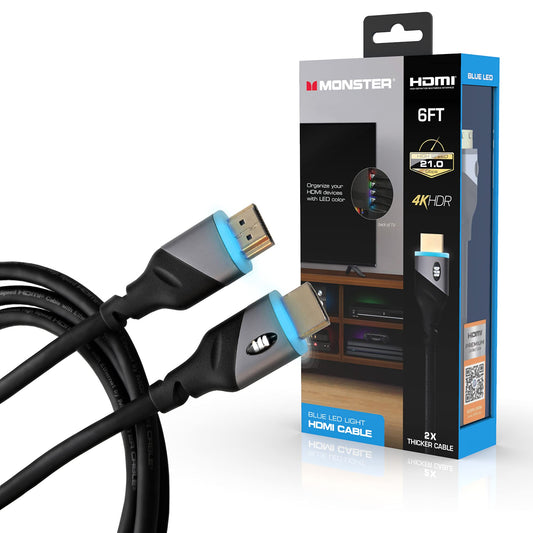 Monster 6ft High Speed 4K HDR Hdmi Cable with Built-in Blue Led Light, Gaming, Video, and Computer Cable