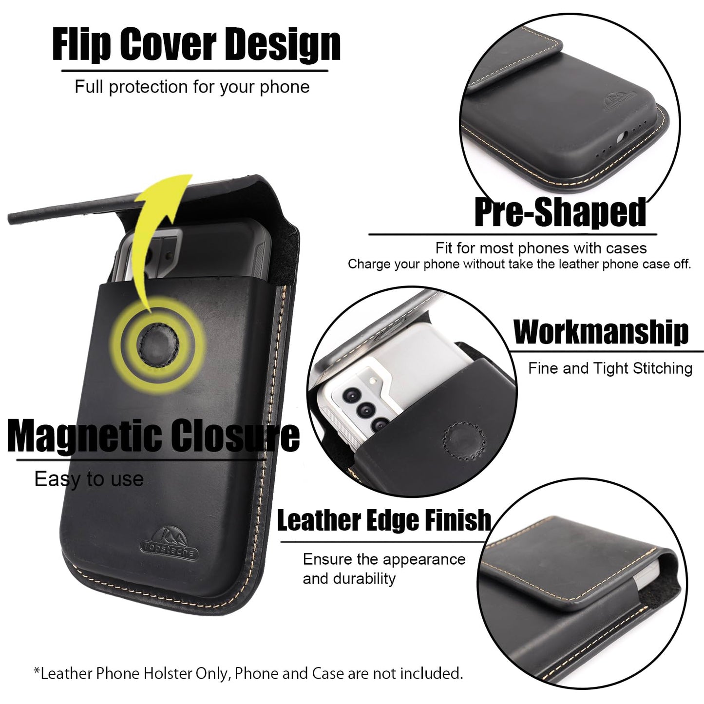 Topstache Leather Cell Phone Holster for Galaxy S25/S24/S23 Ultra & Plus - Belt Clip Cell Phone Case for iPhone 17/16/15/14 Pro Max & Plus - Leather