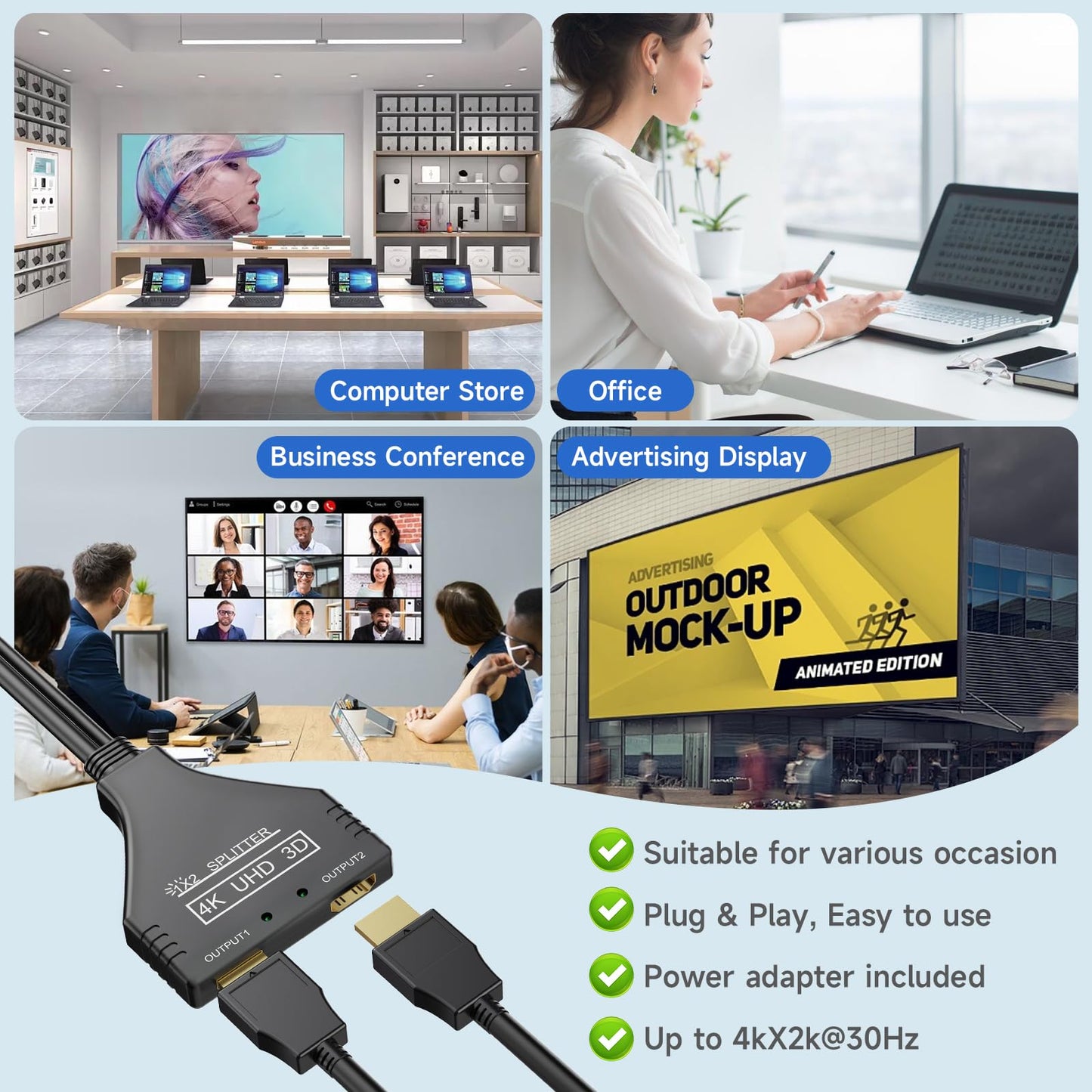 BATU HDMI Splitter 1 in 2 Out 4k 30hz HDMI Cable 2.0 Male to Dual Female with Power USB Cable for HD, LED, LCD, TV Dual Monitors Duplicated-Mirror