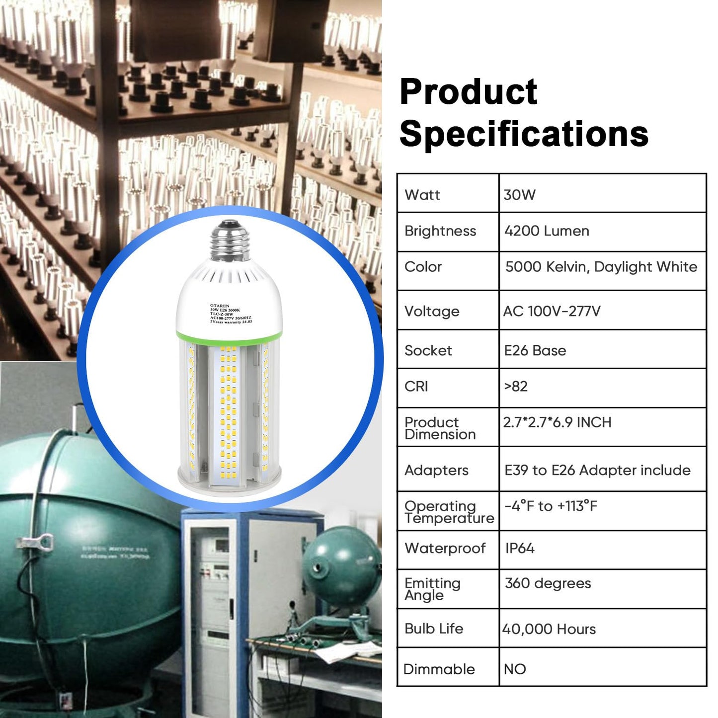 GTAREN 30W LED Corn Light Bulb,300W Equivalent,5000K Daylight,E26/E39 Base,4200 Lumens - Replace CFL/HPS/HID Lamp,for Home,Basement,Backyard,Shop,Barn