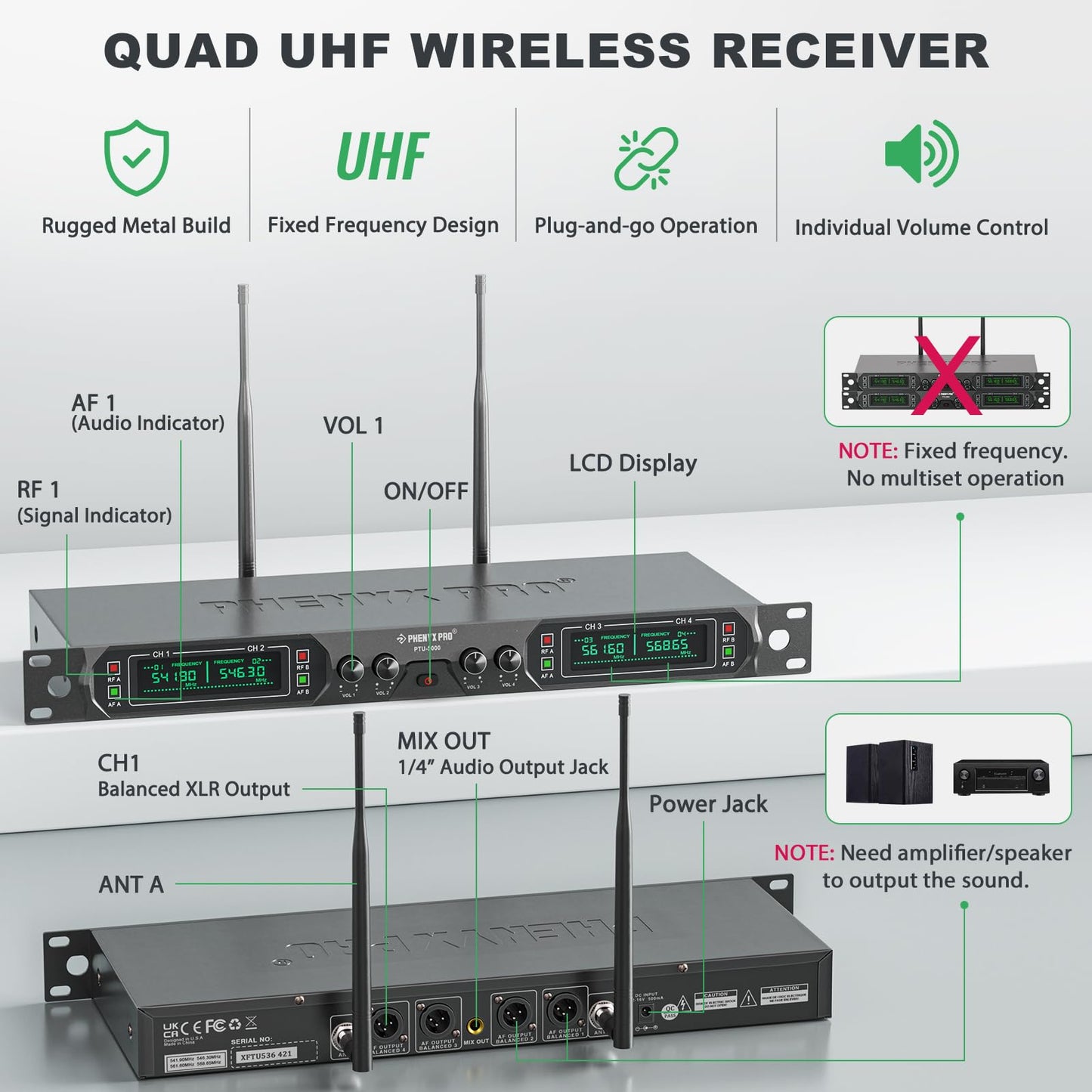 Phenyx Pro Wireless Microphone System, 4-Channel UHF Wireless Mic, Fixed Frequency Metal Cordless Mic with 4 Handheld Dynamic Microphones, 260ft