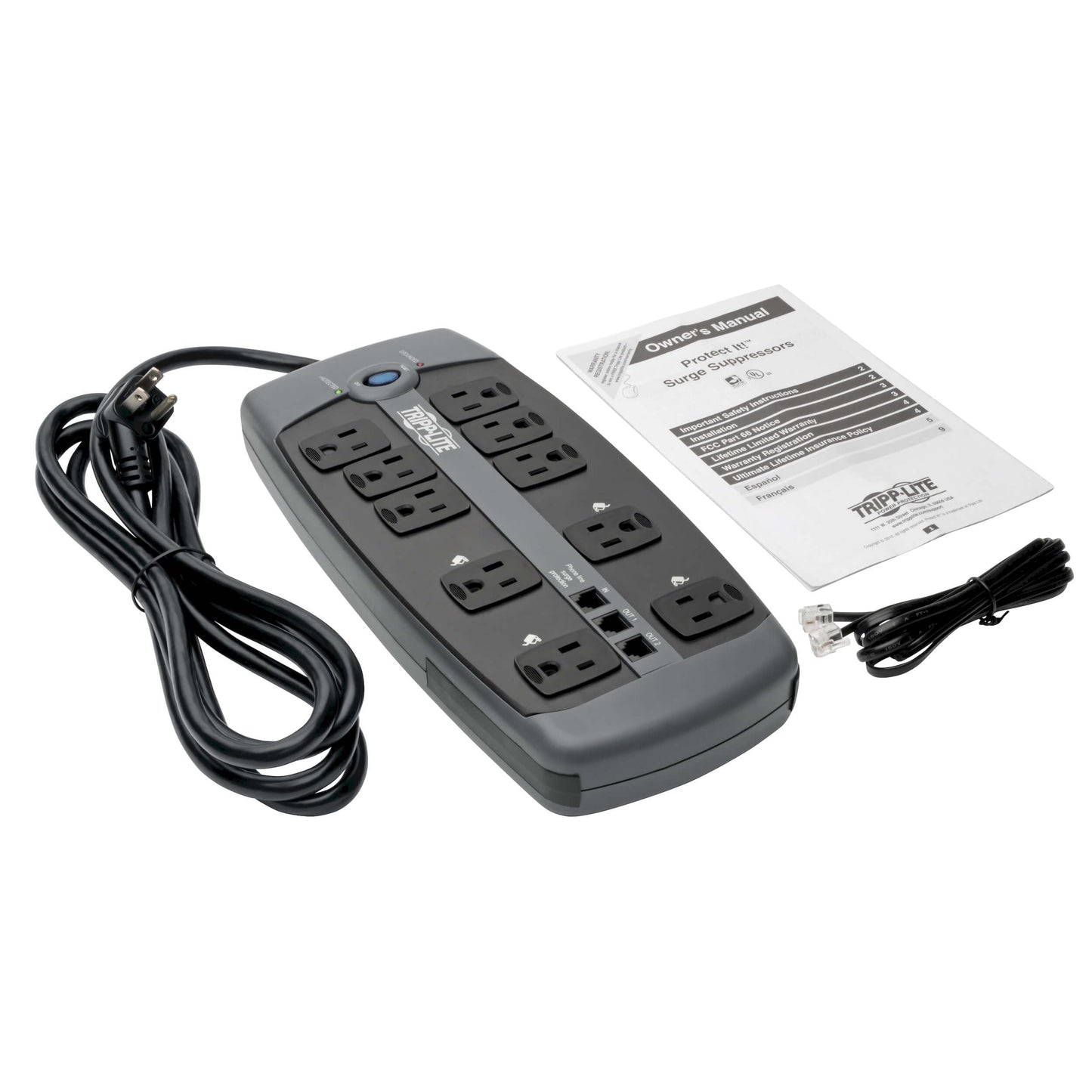 Tripp Lite TLP1008TEL 10 Outlet Surge Protector Power Strip, 8ft Cord, Tel/DSL Protection, RJ11, & Dollar 150,000 Insurance Silver