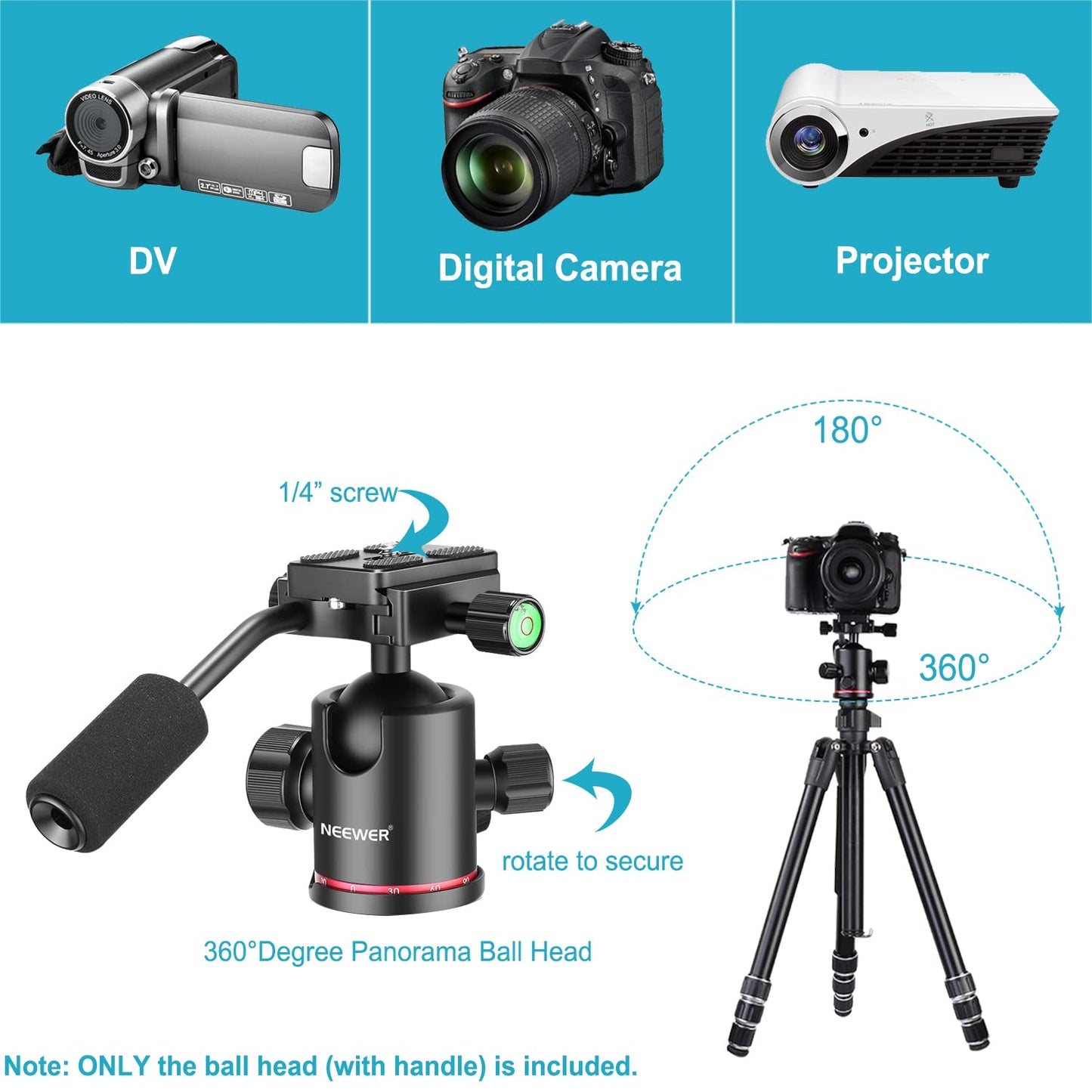 Neewer Heavy Duty Camera Tripod Ball Head with Handle and 1/4 inch Quick Shoe Plate, 360 Degree Panoramic Head for Tripod, Monopod, Slider, DSLR