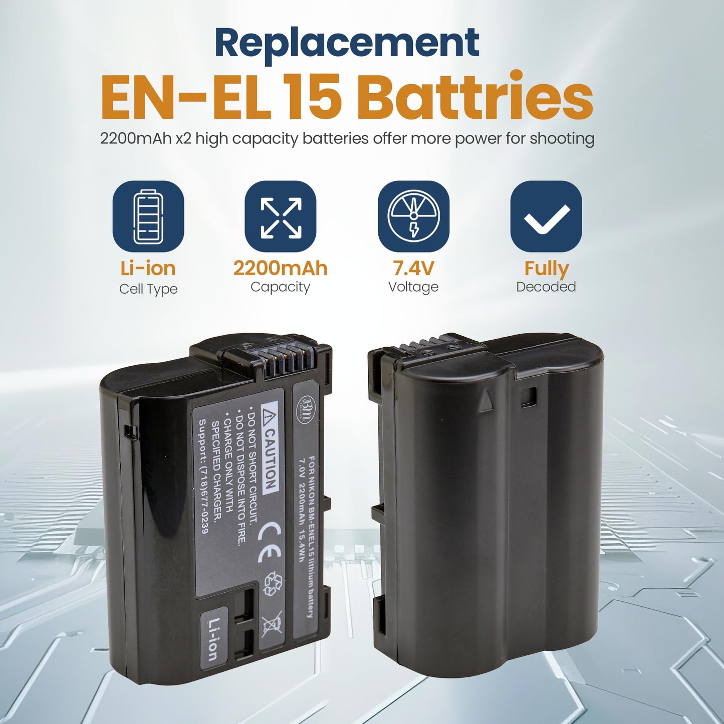 BM Premium 2 Pack of EN-EL15B Batteries and Dual Battery Charger for Nikon Z6, Z7, D780, D850, D7500, 1 V1, D500, D600, D610, D750, D800, D800E, D810