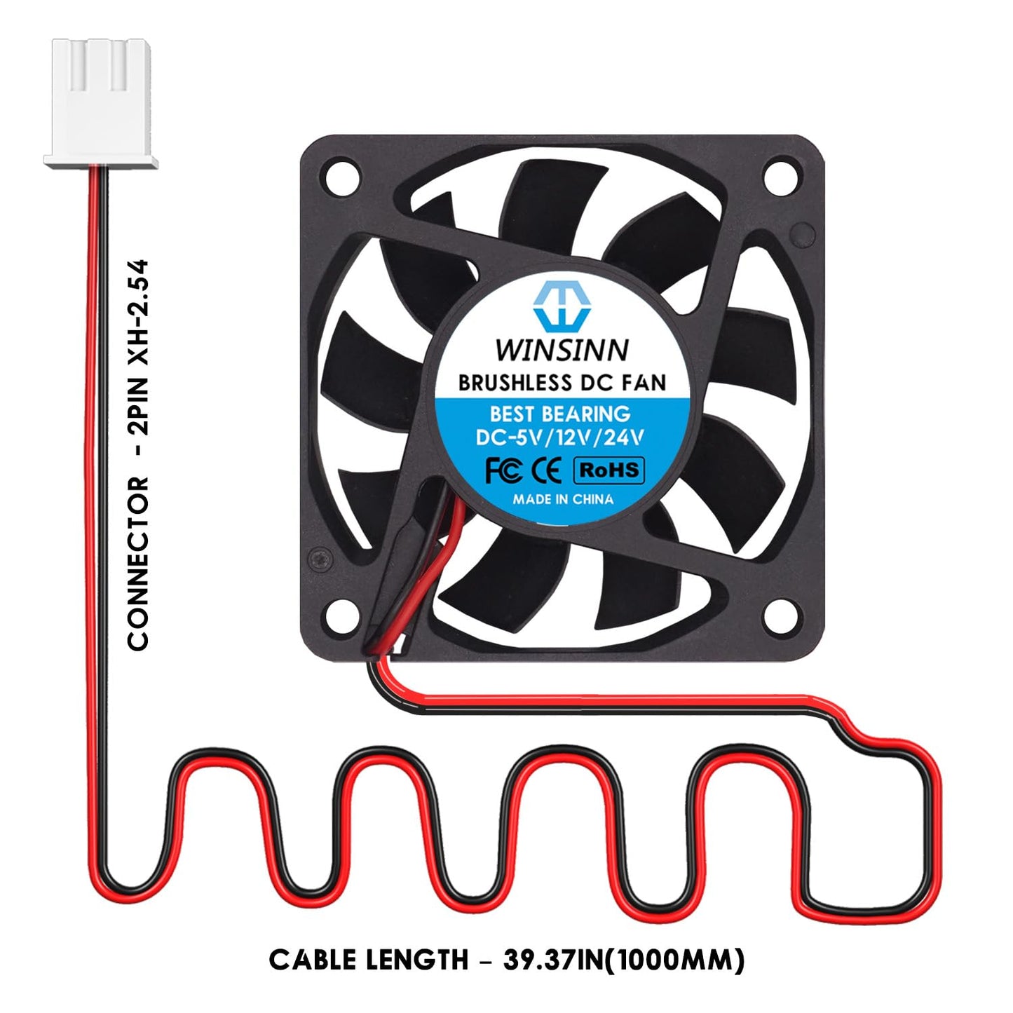 WINSINN DC 60mm Fan 12V 6015 Dual Ball Bearing Brushless Cooling 60x15mm 2PIN (Pack of 2Pcs)