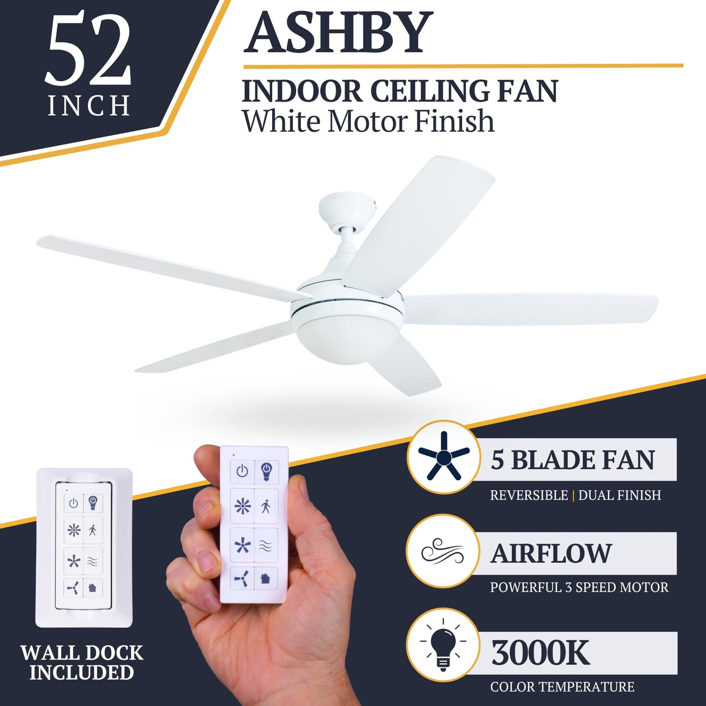 Prominence Home Ashby Modern 52 Inch Ceiling Fan with Light, LED Fan with Remote Control, Tri-Mount Indoor Fan with 5 Blades, White and Gray Oak Blade