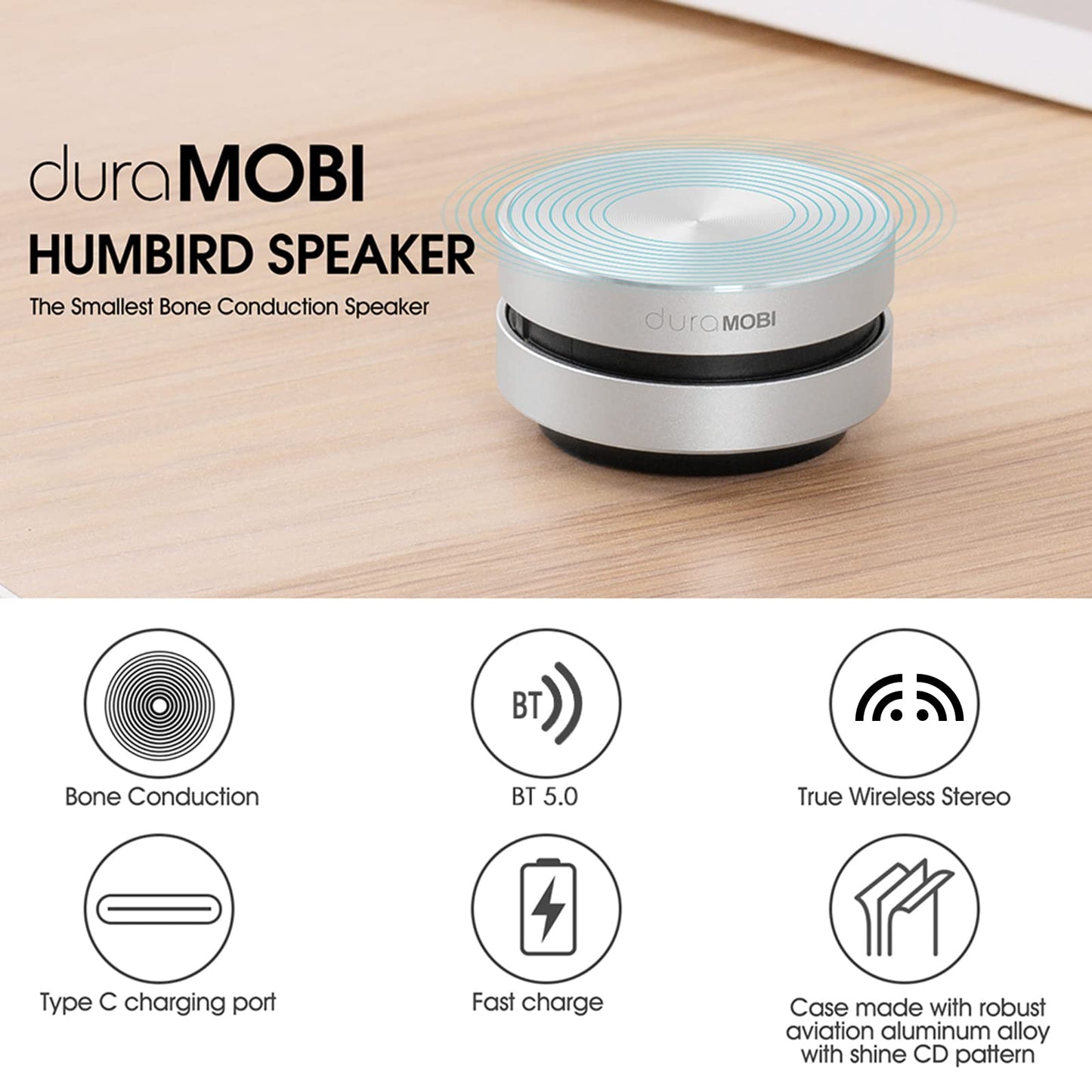 Henniu Bone Conduction Speakers, Wireless 2 Pack Mini Portable Loud Stereo Sound Built-in Mic (Silver-2pcs)