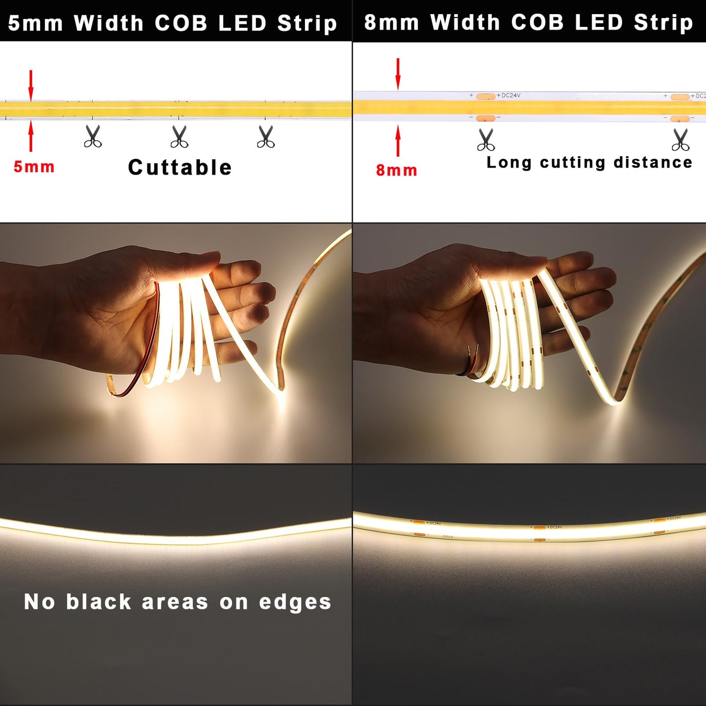 TOPAI 12V Thin 5mm COB LED Strip Waterproof 4000K Natural White 16.4ft Bright CRI>90 Uniform Dotless 400LEDs/M Self Adhesive Flexible Cuttable