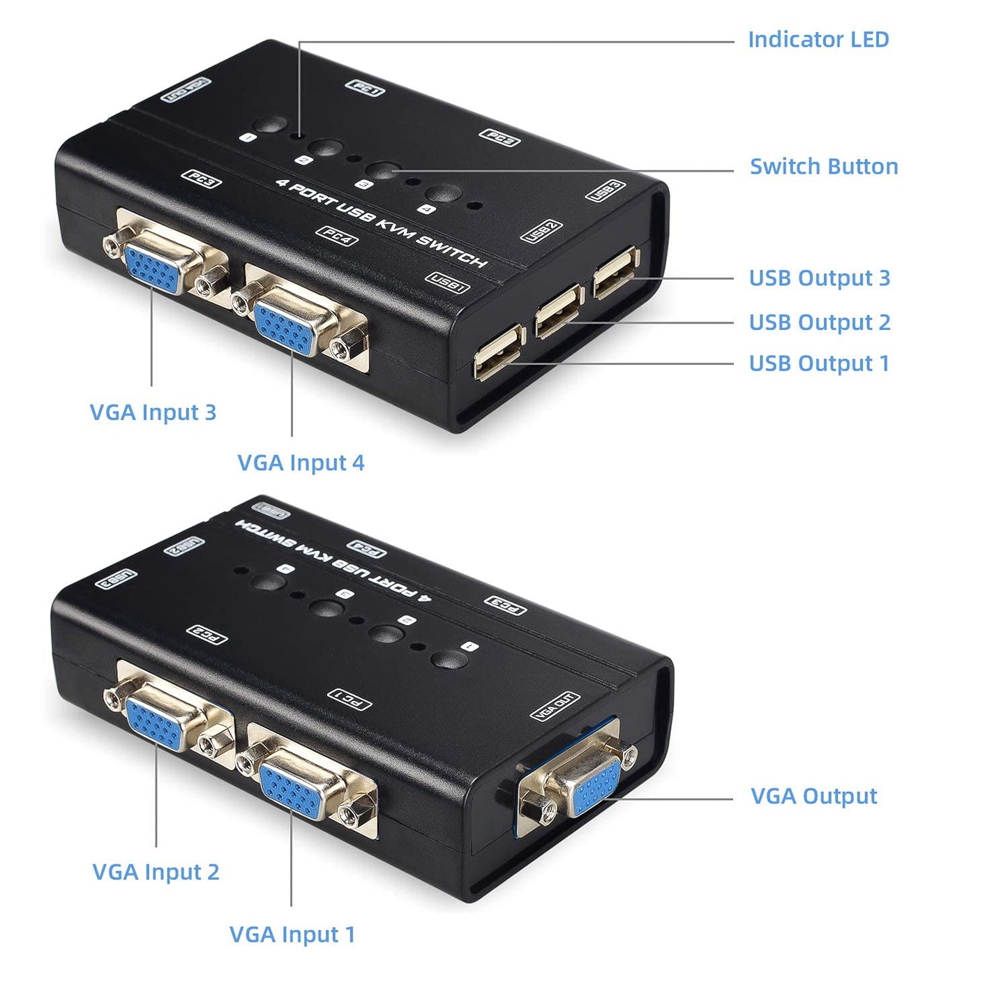 USB VGA KVM Switch with 4 Cables, 4 Port Selector Switcher for 4PC Sharing One Video Monitor and 3 USB Devices, Keyboard, Mouse, Scanner, Printer