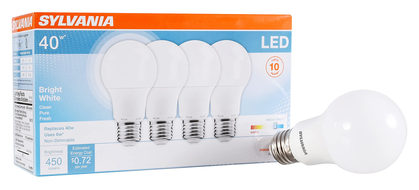 Sylvania LED Light Bulb, 40W Equivalent A19, Efficient 6W, Medium Base, Frosted Finish, 450 Lumens, Bright White - 4 Pack (79703)