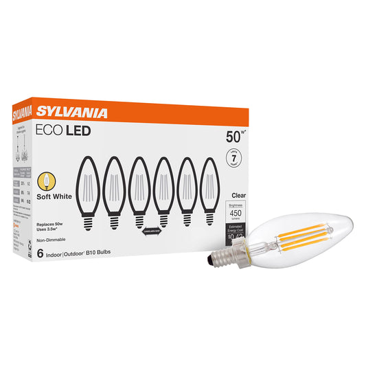 Sylvania ECO LED B10 Light Bulb, 50W = 3.5W, 7 Year, 450 Lumens, Non-Dimmable, Clear, 2700K, Soft White - 6 Pack (40879)