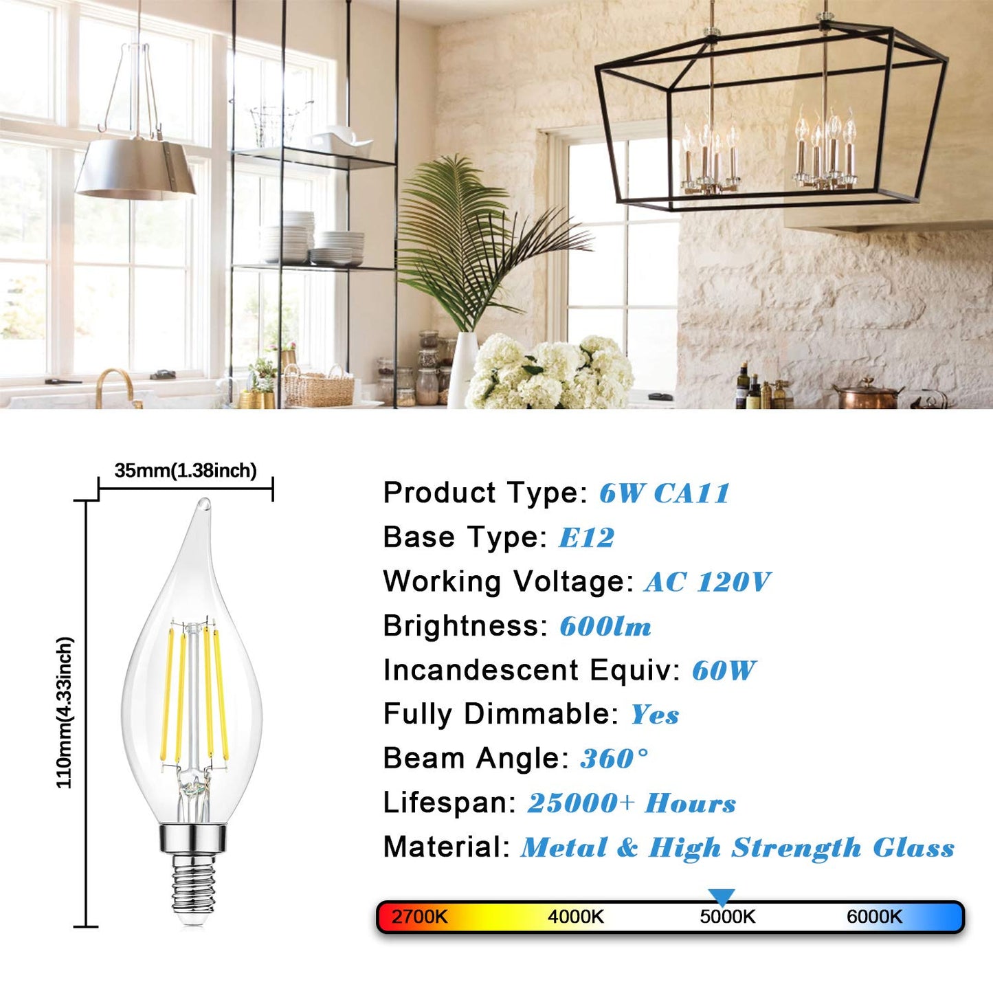 TOBUSA E12 Candelabra LED Bulbs, 6W Clear Filament Chandelier Light Bulbs