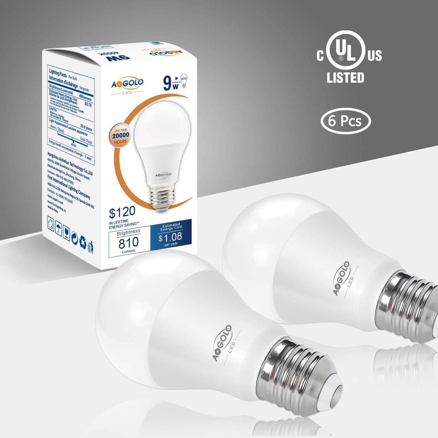 AOGOLO A19 9W LED Light Bulb, 60 Watt Equivalent, 810LM, Daylight White, 4200-Kelvin,Non Dimmable, E26 Medium Screw Base,General Lighting