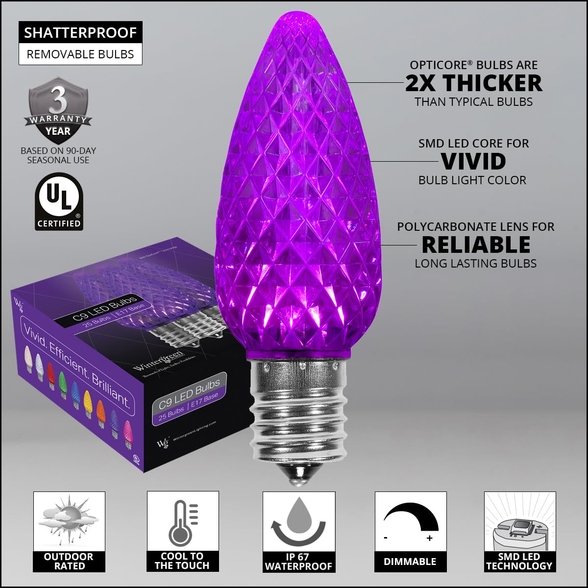 Wintergreen Lighting OptiCore C9 LED Christmas Light Bulbs - Replacement LED Christmas Lights Heavy Duty Premium Outdoor Christmas Lights, E17 Base