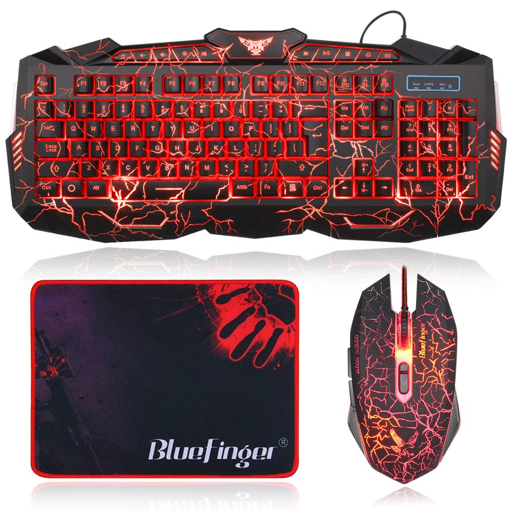 BlueFinger Backlit Gaming Keyboard and Mouse Combo,USB Wired Backlit Keyboard Mouse Game Set,Multimedia Keys,3 Color LED Crack Illumination Keyboard
