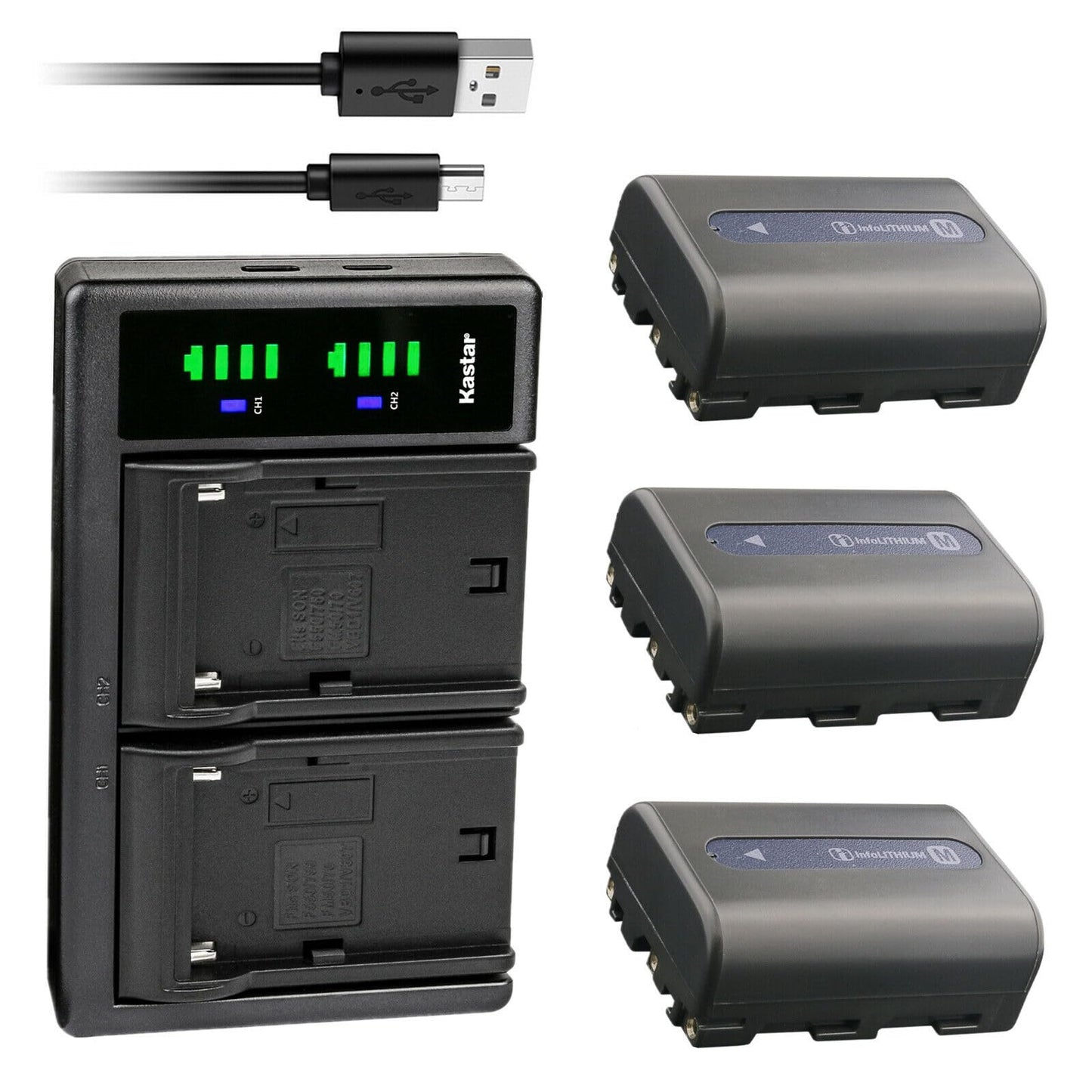 Kastar 3-Pack NP-FM50 Battery and LTD2 USB Charger Replacement for Sony HDR-SR1, HDR-UX1, MVC-CD200, MVC-CD250, MVC-CD300, MVC-CD350, MVC-CD400