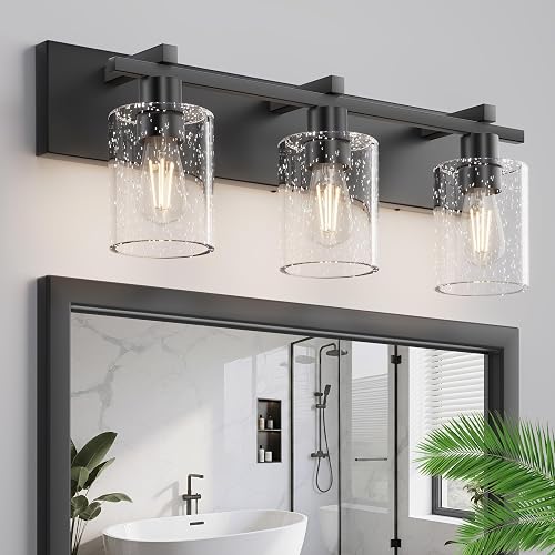 Espird Bathroom Vanity Light,3 Light Matte Black Light Fixture with Thickened Seeded Glass Shade, 21 inch Modern Wall Sconce,Vanity Light Over Mirror