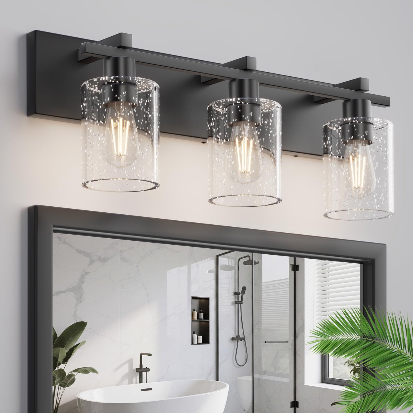 Espird Bathroom Vanity Light,3 Light Matte Black Light Fixture with Thickened Seeded Glass Shade, 21 inch Modern Wall Sconce,Vanity Light Over Mirror