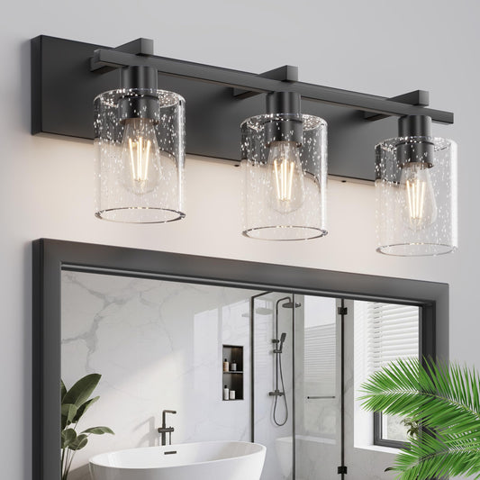Espird Bathroom Vanity Light,3 Light Matte Black Light Fixture with Thickened Seeded Glass Shade, 21 inch Modern Wall Sconce,Vanity Light Over Mirror