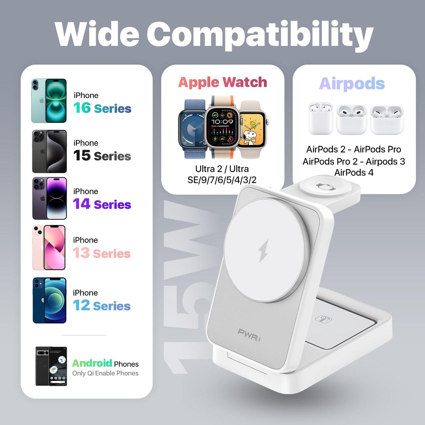 PWR Fold 2.0 4-in-1 Charging Station for Multiple Devices - Portable Wireless Charging Station Compatible with Apple Watch, iPhone, Samsung, Airpods