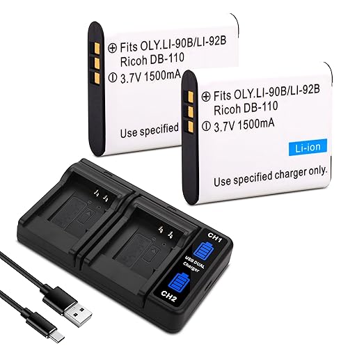 DB-110 2Pack Battery, Quick LED Dual USB Charger Compatible for Ricoh GR III, GR IIIx, Theta X, WG-6, G900, for Olympus Tough TG-7, TG-6, TG-5