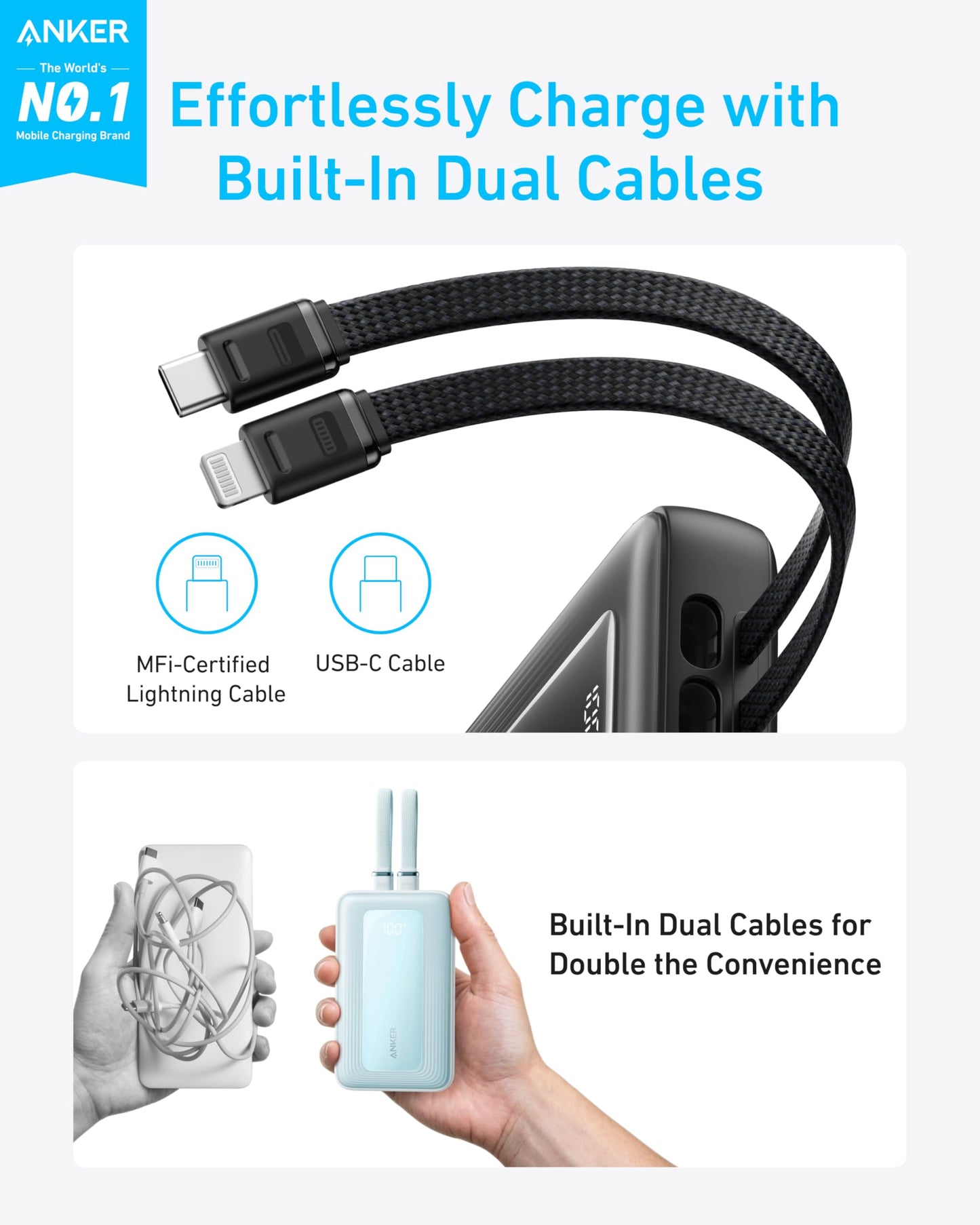Anker Power Bank, 20,000mAh 30W Max Fast Portable Charger with Built-in USB-C and MFi Certified Lightning Cables, USB-C&A, Battery Pack for iPhone