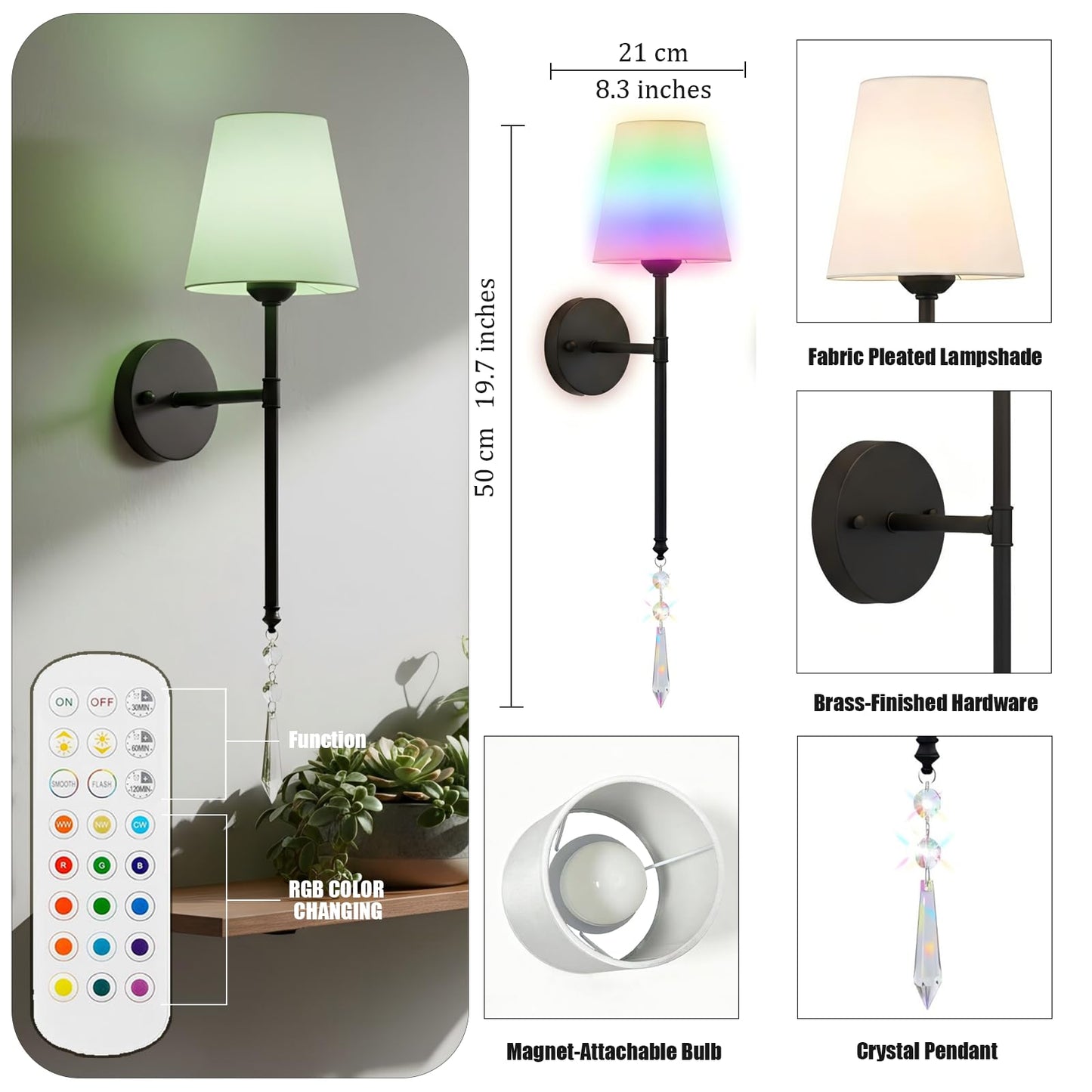 JIMEI Battery Operated Wall Sconces Set of Two Rechargeable Wall Sconce Wireless Wall Lights for Bedroom Wall Lamps with 15 Colors RGBCW Dimmable