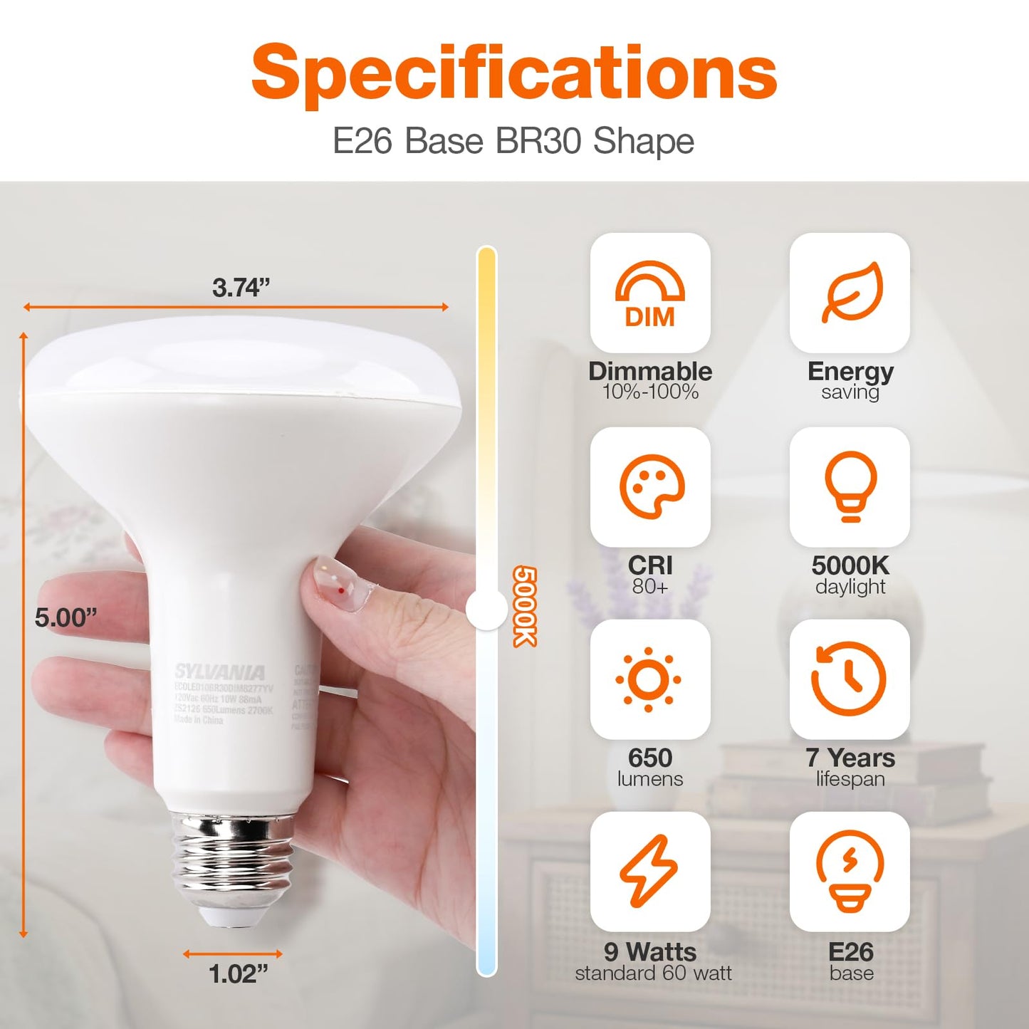 Sylvania ECO LED Light Bulb, BR30, 65W=10W, 7 Year, 650 Lumens, Frosted, Dimmable, Daylight - 4 Pack (40871)