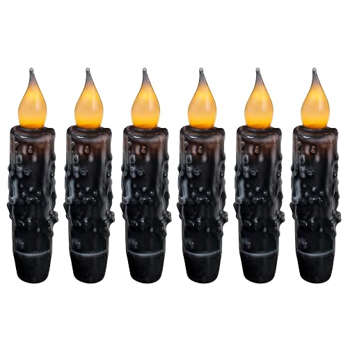 CVHOMEDECO. Real Wax Hand Dipped Battery Operated LED Timer Taper Candles Rustic Primitive Flameless Lights Décor, 4-3/4 Inch, Matt Black, 6 PCS in a
