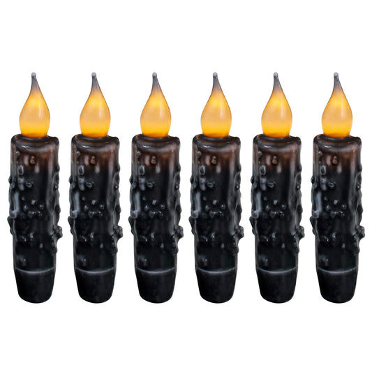CVHOMEDECO. Real Wax Hand Dipped Battery Operated LED Timer Taper Candles Rustic Primitive Flameless Lights Décor, 4-3/4 Inch, Matt Black, 6 PCS in a