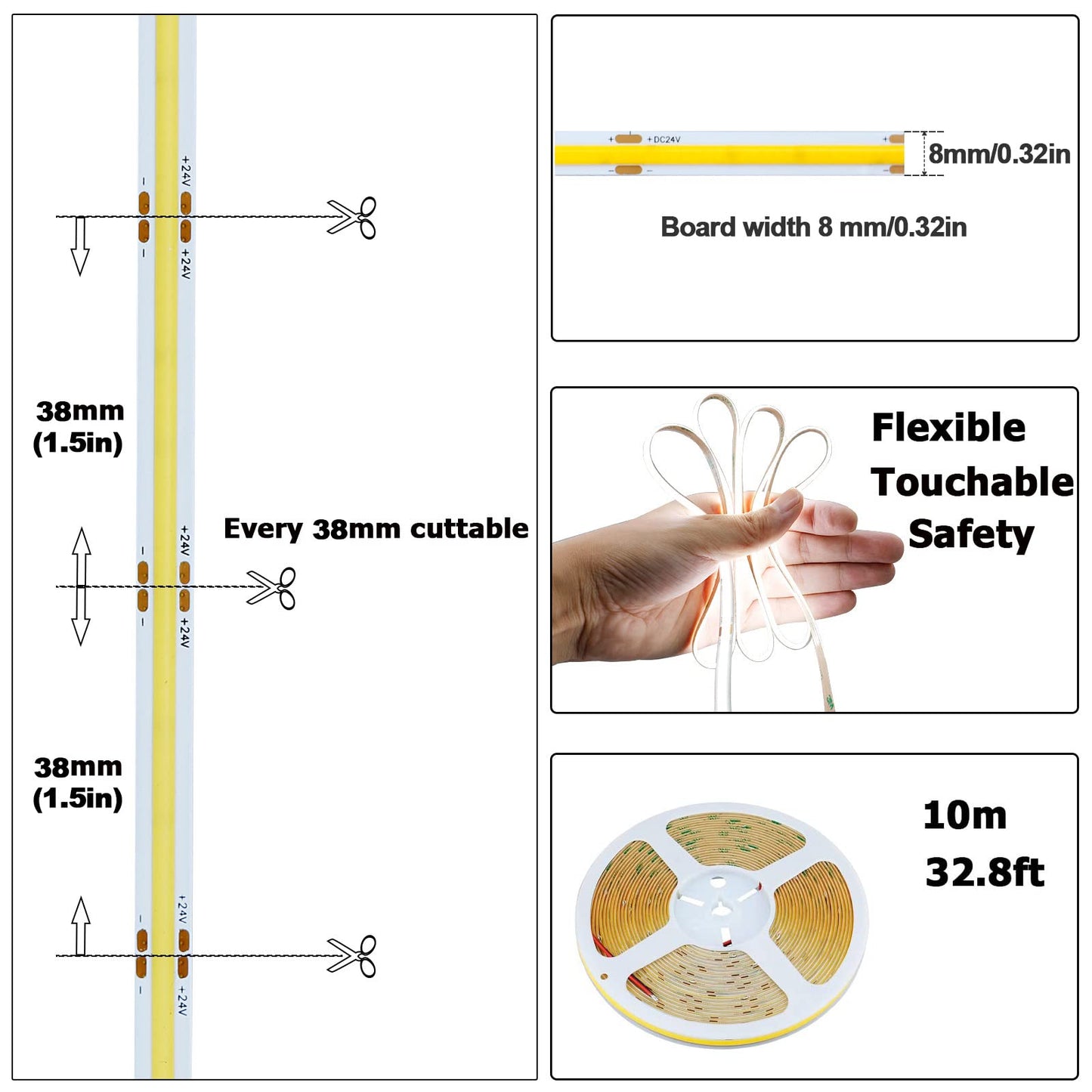 GOMING 24V COB LED Strip Light Cool White 6000K 32.8ft(10M) 3120LEDs CRI 93+ 6300lm Uniform Glow Flexible IP20 Not Waterproof LED Tape Lights for DIY