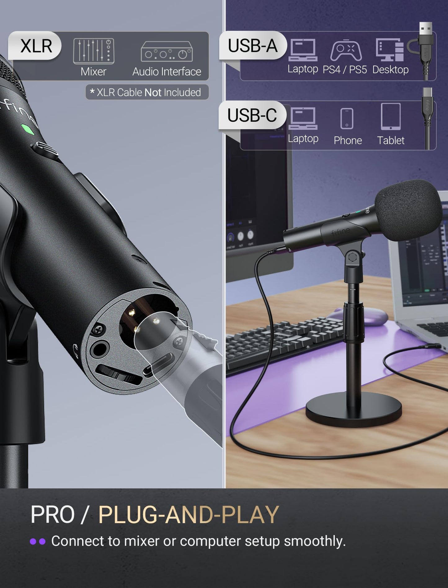 FIFINE USB/XLR Dynamic Microphone for Podcast Recording, Studio Handheld Mic Set with Desktop Stand for Vocal, Voice Over, Streaming, Black-AmpliTank