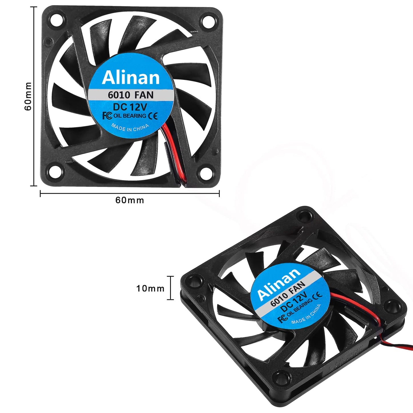 Alinan 4pcs 6010 12V Fan 60x60x10mm 2-pin Sleeve Bearing Brushless DC Cooling Fan for 3D Printer, Computer