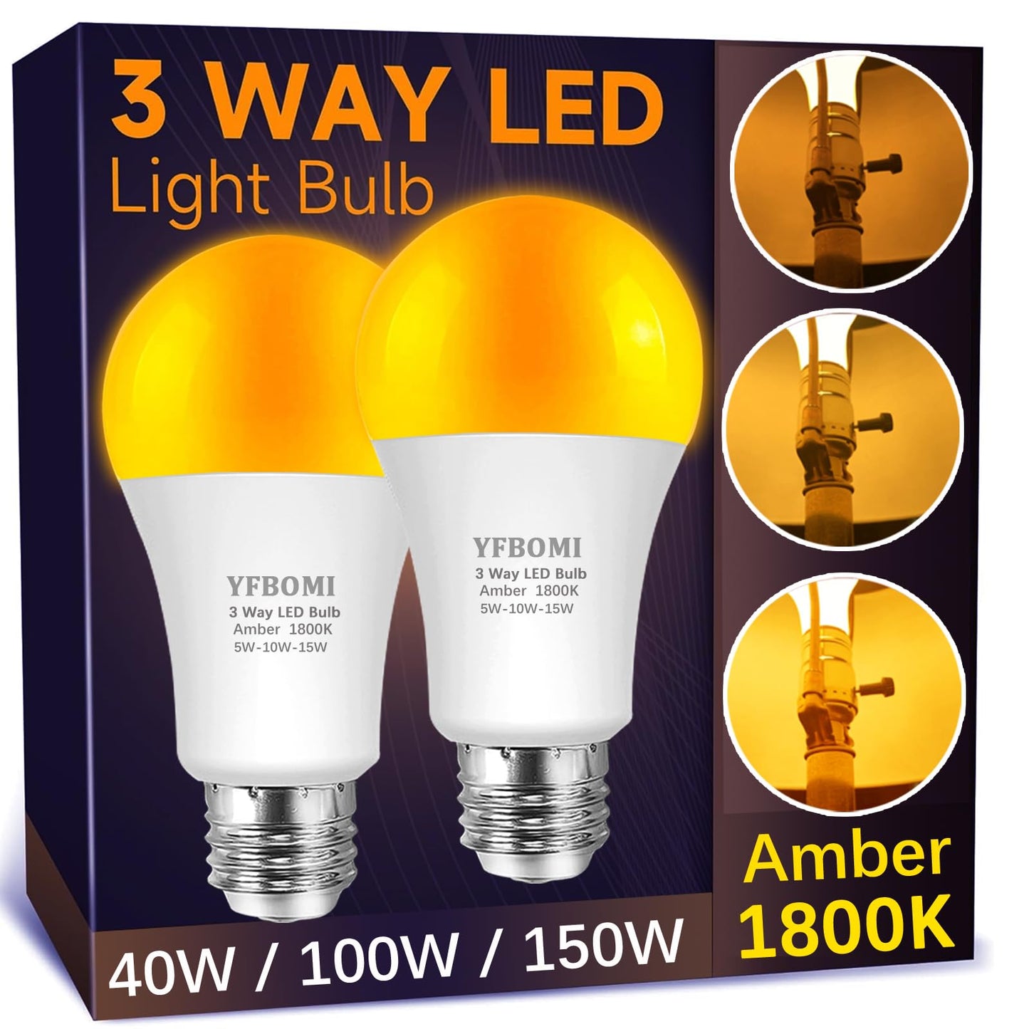 YFBOMI 3 Way Amber LED Bulbs 40W, 100W, 150W Equivalent 1800K Light Bulbs, E26 A19 3 Way Bulbs 5W/10W/15W,for Sleeping, Reading, Desk Lamps, and Floor