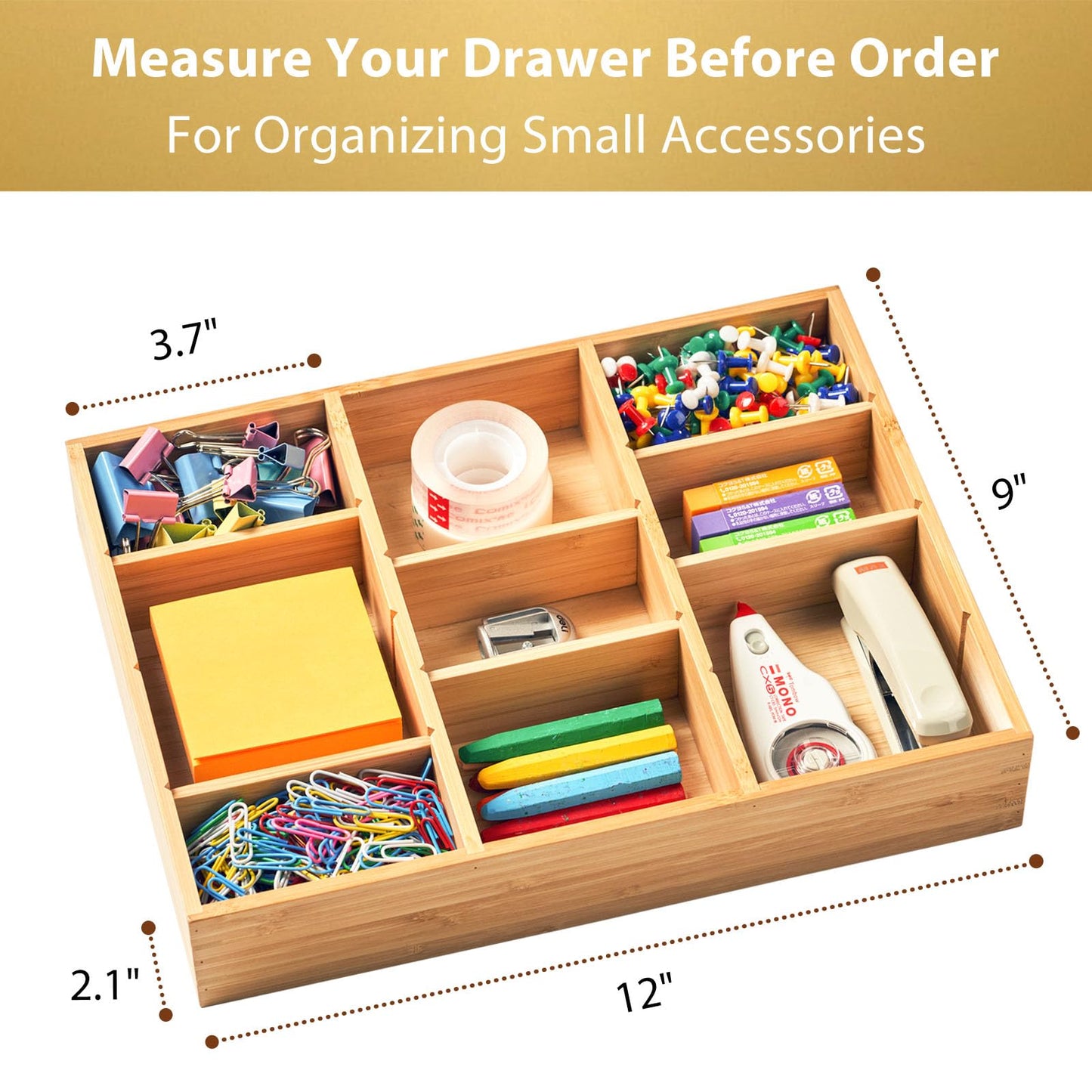 Umilife Office Desk Organizer for Drawer and Desktop, Customizable Deep Compartments, Bamboo Tray for Office Supplies Stationery, 7" x 12"