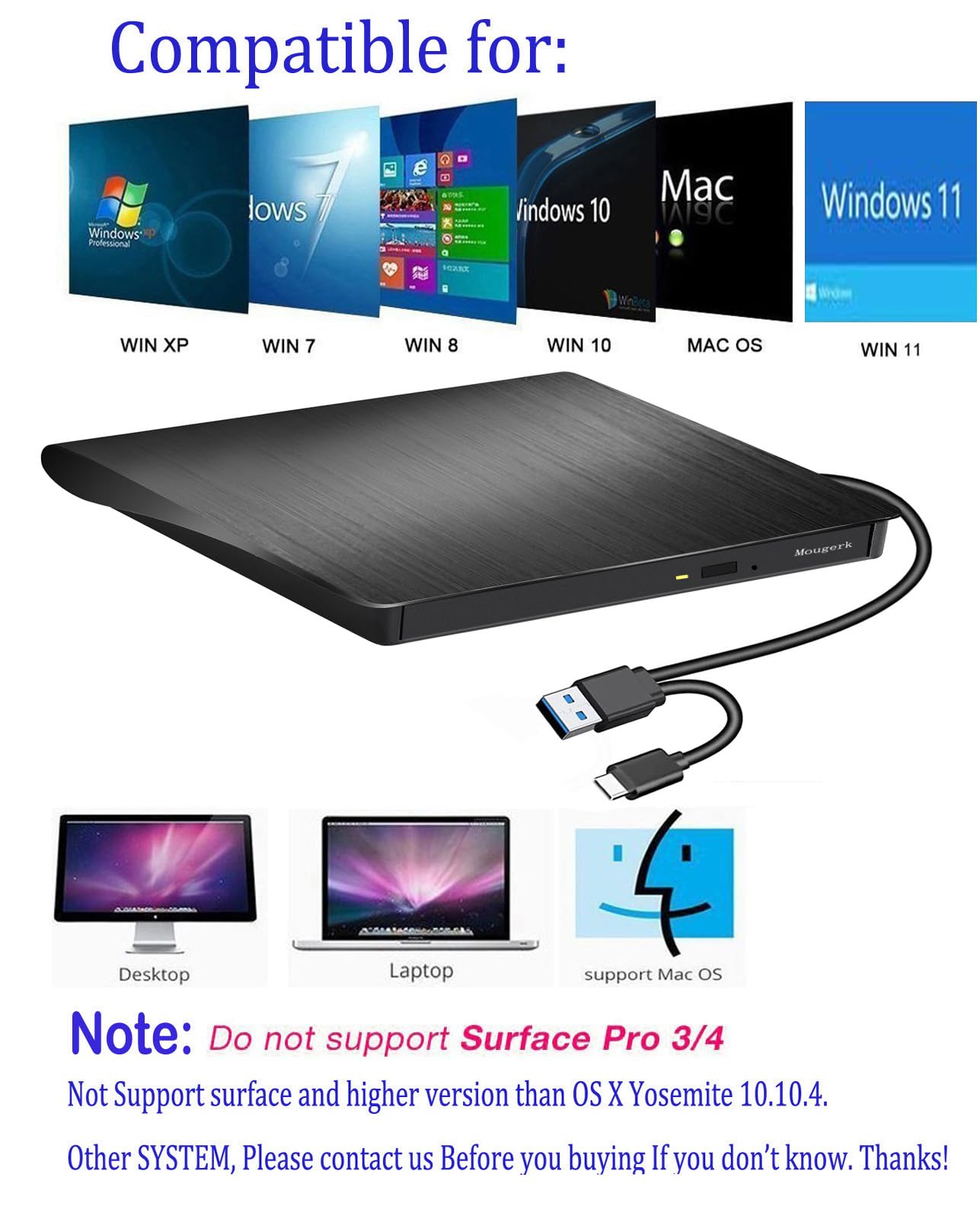 Mougerk External DVD CD Drive, USB 3.0 Type-C Ultra Slim Drives CD DVD RW Player/DVD CD ROM Drive/Writer/Rewriter/USB CD Burner Compatible with Mac
