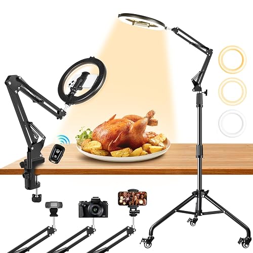 Ring Light Overhead Phone Mount with Casters, Dual-Purpose Floor/Desk Light Tripod for iPhone, Selfie Phone Tripod for Video Recording/Live
