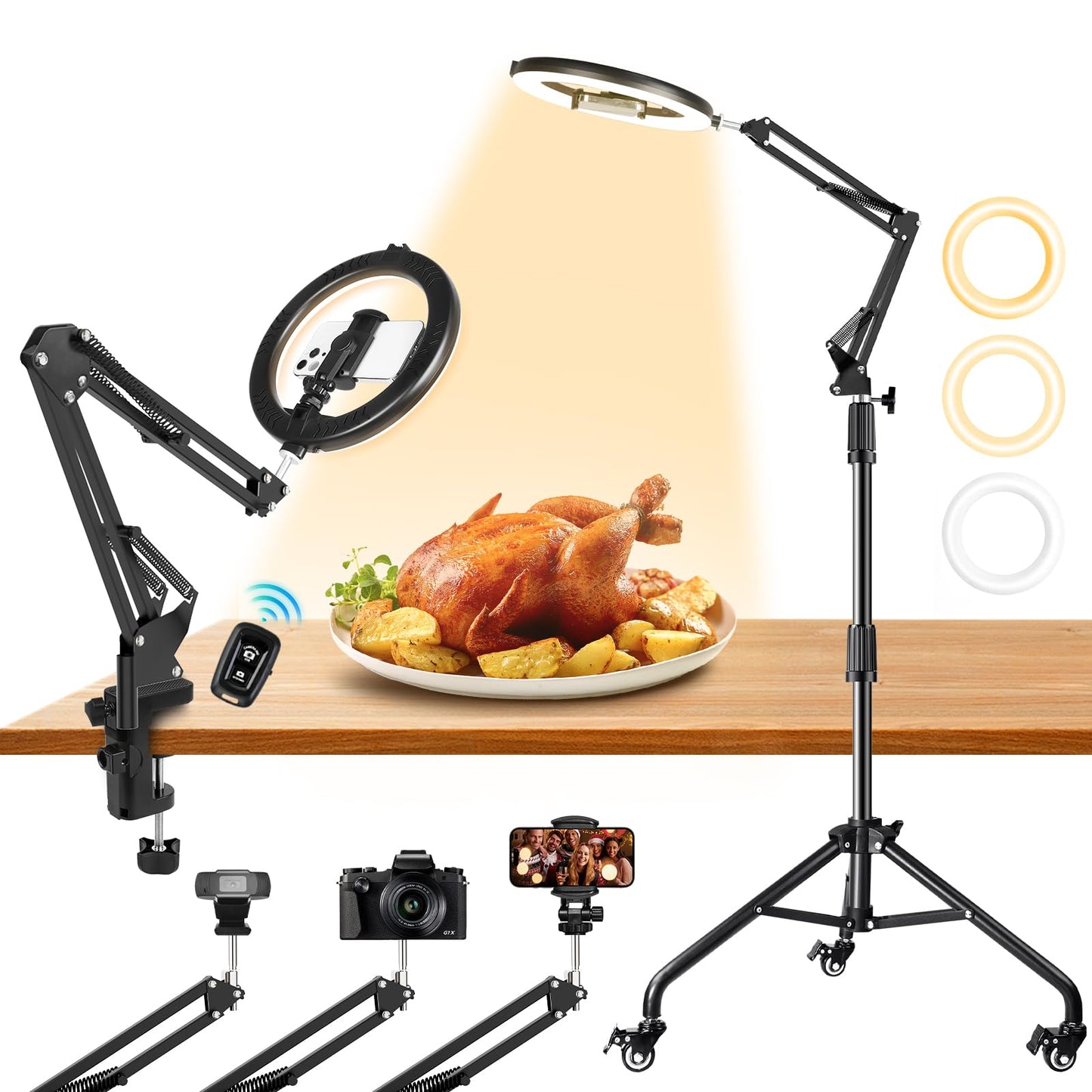 Ring Light Overhead Phone Mount with Casters, Dual-Purpose Floor/Desk Light Tripod for iPhone, Selfie Phone Tripod for Video Recording/Live