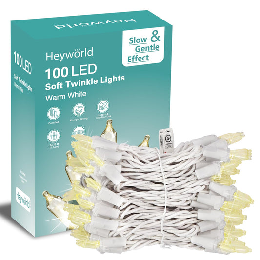 Heyworld Soft Twinkle Lights,100 Led Slow Twinkling Christmas Lights on White Wire Cord, UL Approved 27 Ft, Connect Up to 25 Sets,Indoor Outdoor