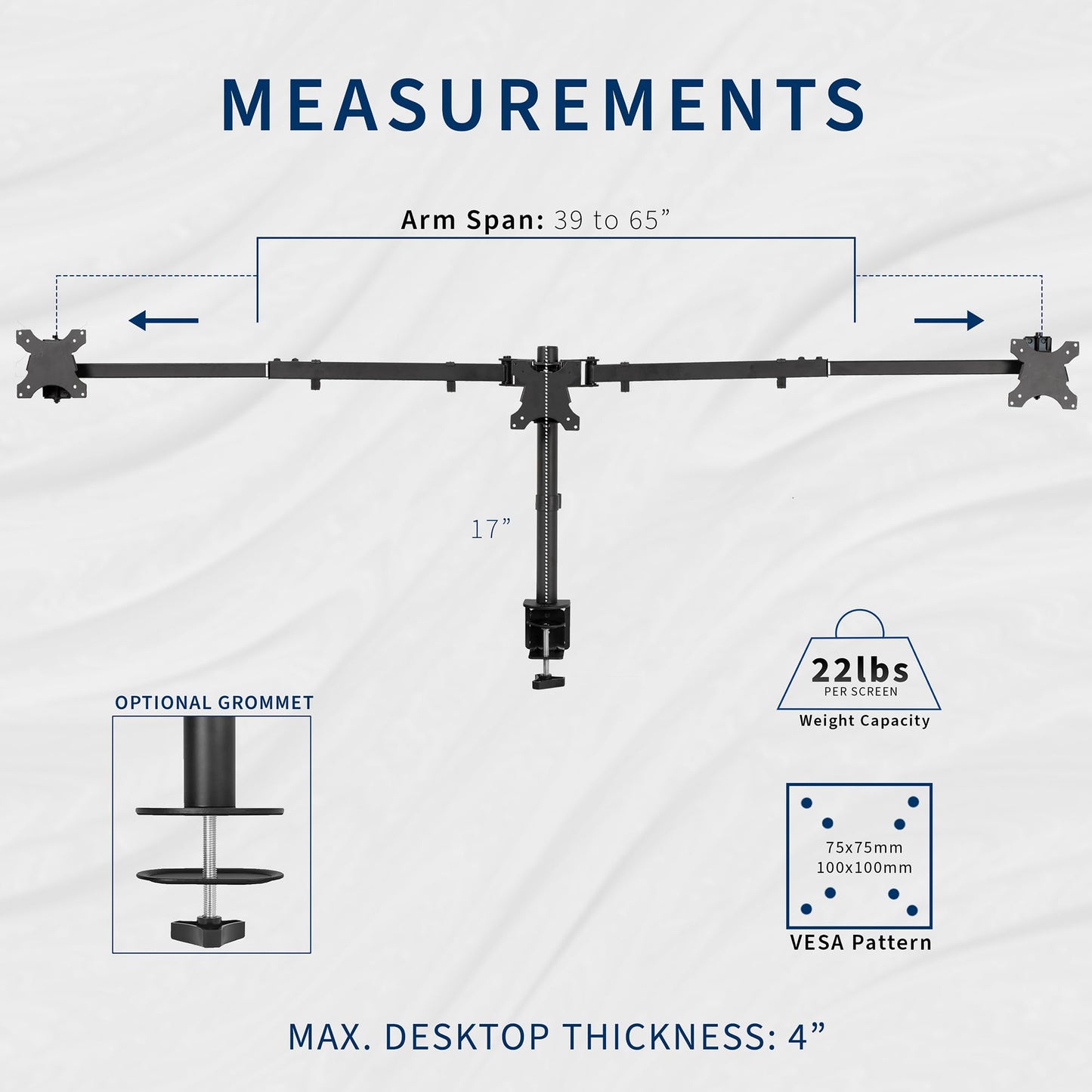 VIVO Premium Triple Monitor Desk Mount for 3 Screens up to 22 lbs, Fits up to 38 inch Ultrawides on Center Bracket, Adjustable Telescoping Arms, Flush