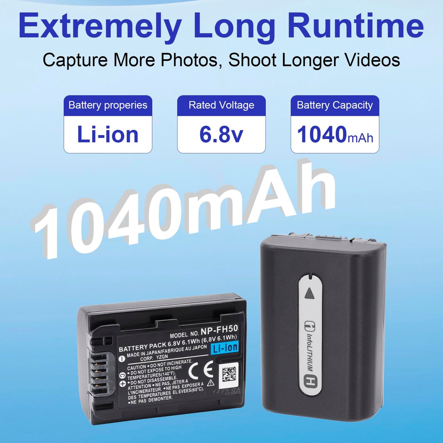 NP-FH50 NP-FH40 NP-FH30 NP-FP50 NP-FP51 1040mAh Replacement Battery Compatible for Sony Cyber-Shot A230 A290 A390 DSC-HX1 HX100 HX100V HX200 HX200V