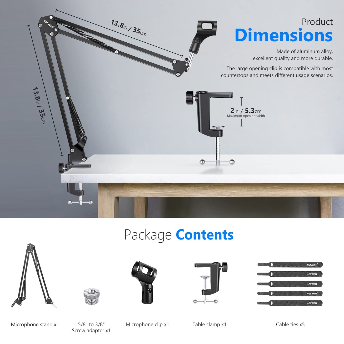Neewer Microphone Arm Stand, Suspension Boom Scissor Mic Arm Stand with 3/8” to 5/8” Screw and Cable Ties Compatible with Blue Yeti, Snowball, Yeti X