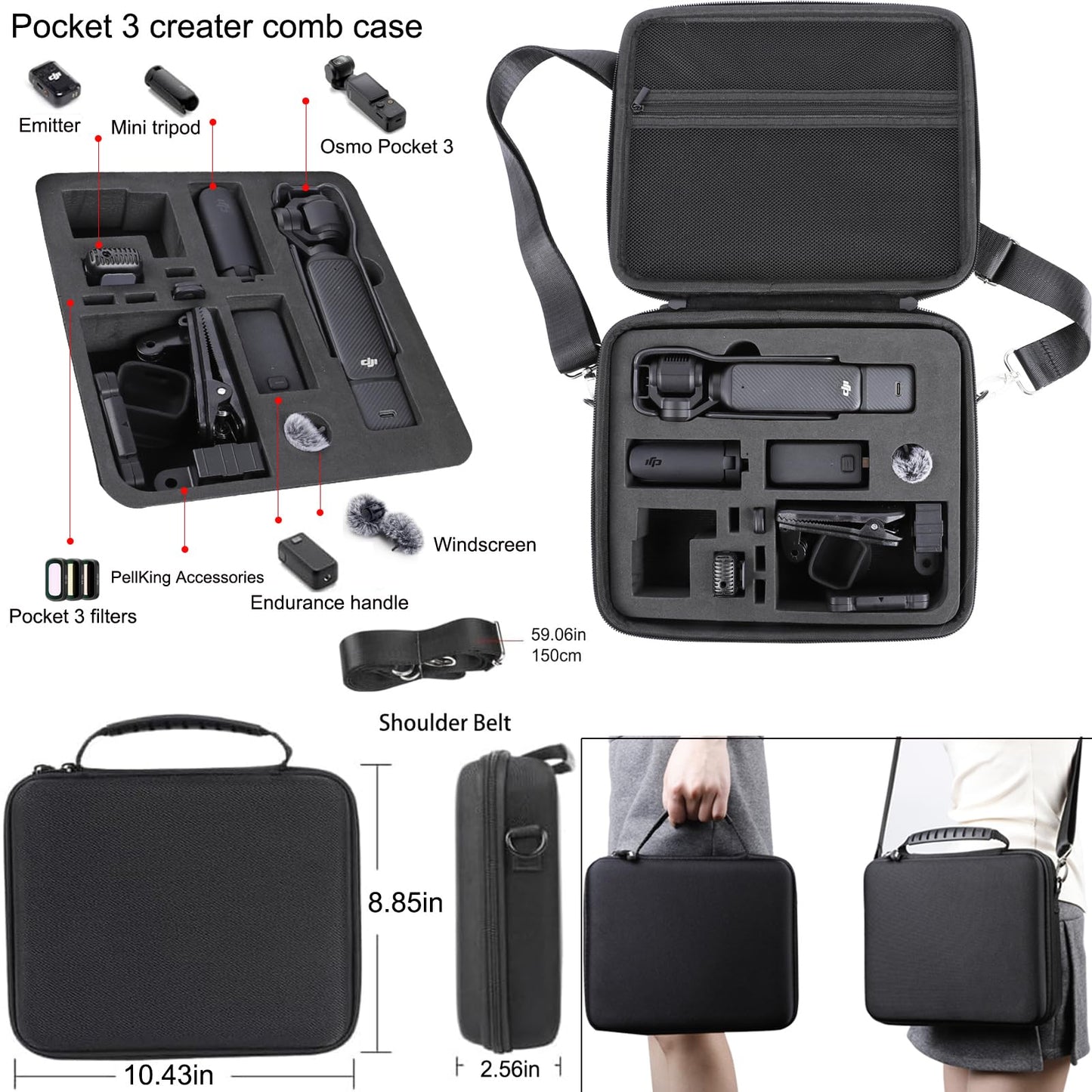 PellKing Accessories Kit for Osmo Pocket 3,Included Carrying Case,Magnetic Mount,Phone Monitor Holder,Selfie Stick,Mini Tripod,Desk Support