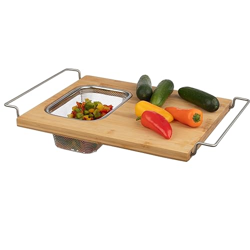 Cutting Board with Strainer - 2 in 1 Adjustable Bamboo Chopping Board with Removable Stainless Steel Colander for Over the Sink by Classic Cuisine