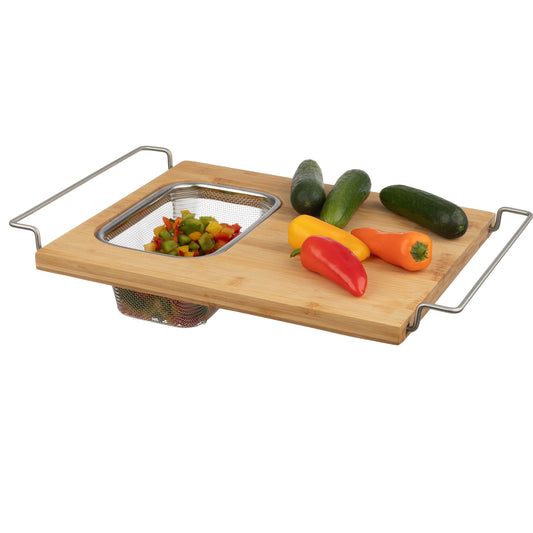 Cutting Board with Strainer - 2 in 1 Adjustable Bamboo Chopping Board with Removable Stainless Steel Colander for Over the Sink by Classic Cuisine