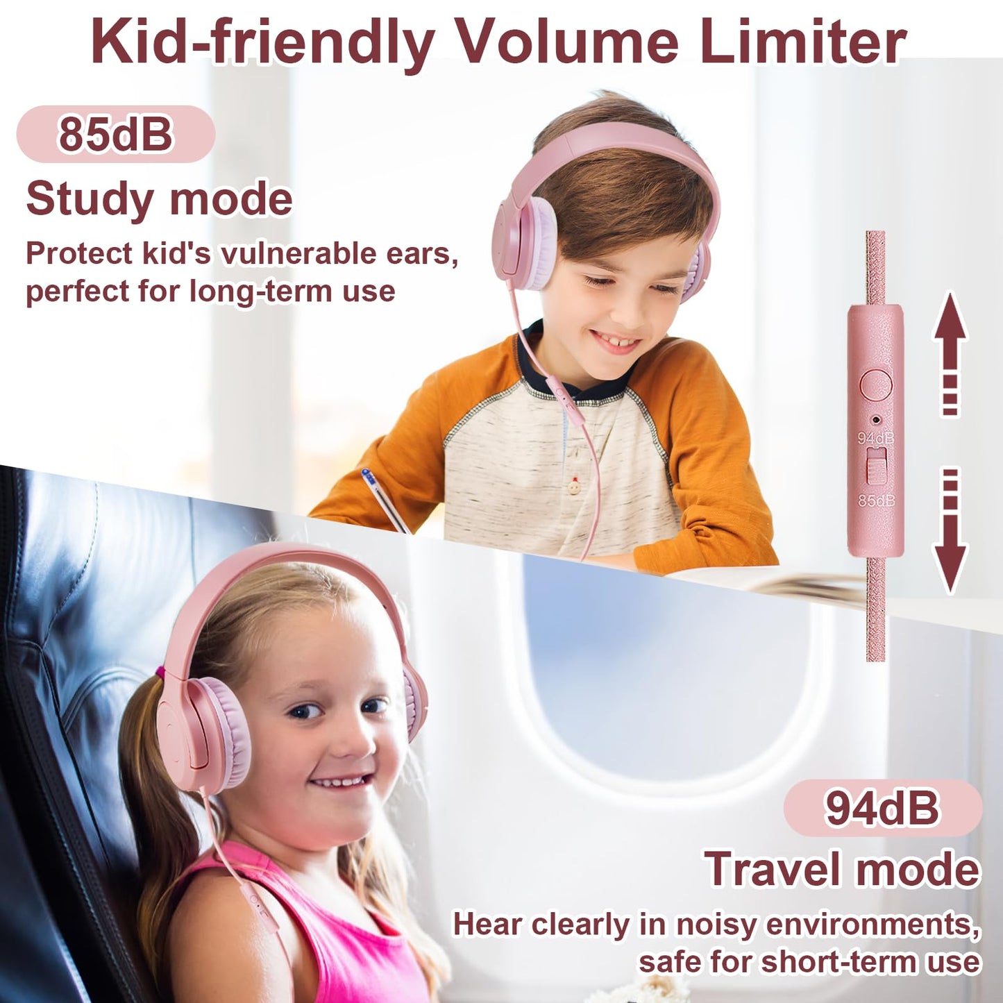 Kids Wired Headphones with Built-in Microphone, 85/94dB Safe Volume Limiter,Foldable,3.5mm Jack Over-Ear Cord Headset for Online Study/Travel…