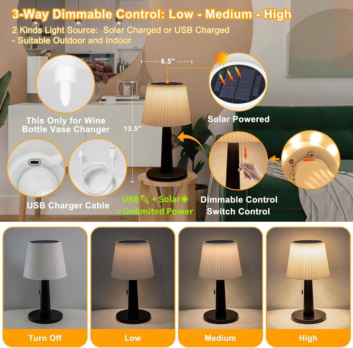 Beautyard Solar Table Lamps Outdoor Indoor - Mothers Gifts 3 Lighting Modes, 4000mAh Eye-Caring LED Waterproof Cordless Solar Desk Lamp with Pull
