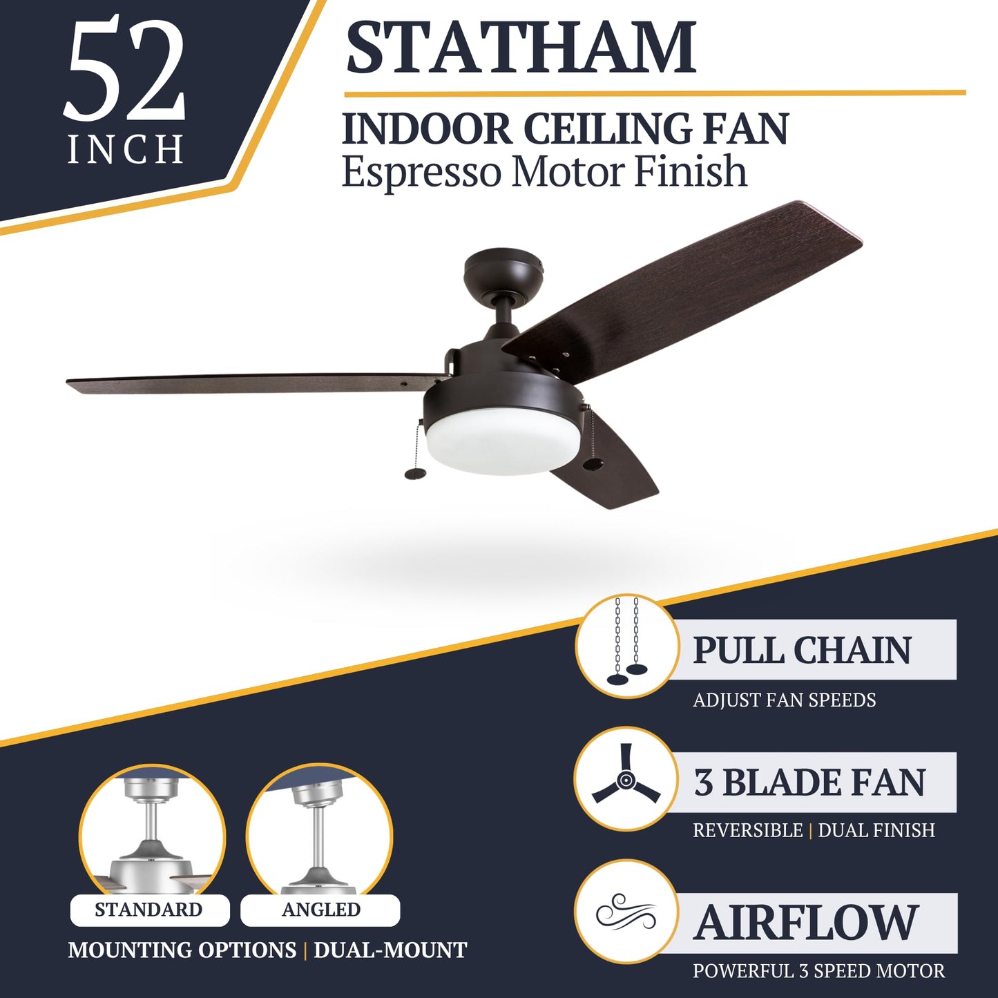 Prominence Home Statham, 52 Inch Contemporary Indoor LED Ceiling Fan with Light, Pull Chain, Dual Mounting Options, Modern Dual Finish Blades
